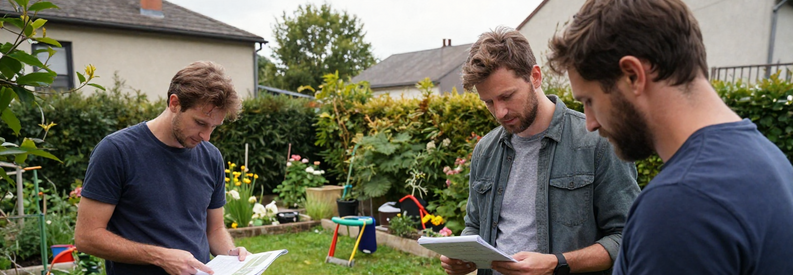 Comparaison Offres Jardiniers Lyon 8eme Trois jardiniers lyonnais présentant leurs offres à un client pour comparer les tarifs d'entretien de jardin