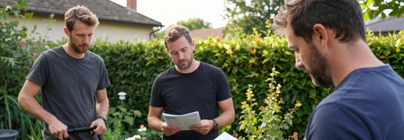 Comparaison Offres Jardiniers Lyon Consultation Trois jardiniers locaux présentant leurs offres à un client qui compare les estimations dans son jardin à Lyon.