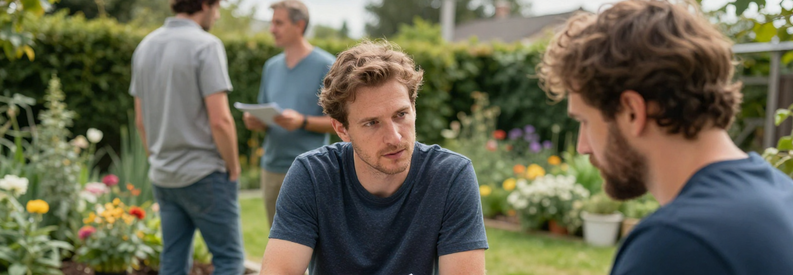 Comparaison Tarifs Jardiniers Loire Client de la Loire comparant plusieurs offres de jardiniers professionnels, documents d'estimation visibles sur table de jardin