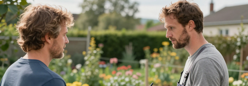 Jardinier établissant estimation avec client dans jardin résidentiel de l'Ain, carnet à la main, discussion professionnelle terrain.
