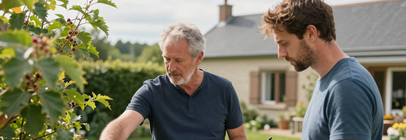 Consultation Jardinier Allier Projet Client et jardinier professionnel discutant projet d'entretien jardin en Allier, carnet de notes à la main dans le jardin résidentiel.