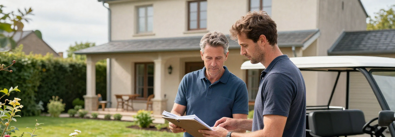 Consultation Jardinier Argenteuil Pavillon Jardinier présentant estimation travaux à propriétaire devant maison Argenteuil, consultation professionnelle