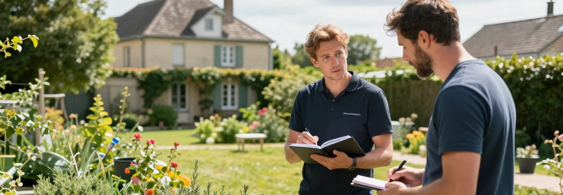 Consultation Jardinier Domicile Yvelines 78 Jardinier professionnel consultant client dans jardin pavillonnaire Yvelines pour intervention entretien