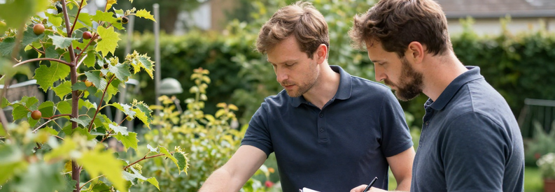Consultation Jardinier Lyon 5eme Jardinier et client discutant travaux d'entretien dans petit jardin lyonnais du 5ème, consultation gratuite et sans engagement.