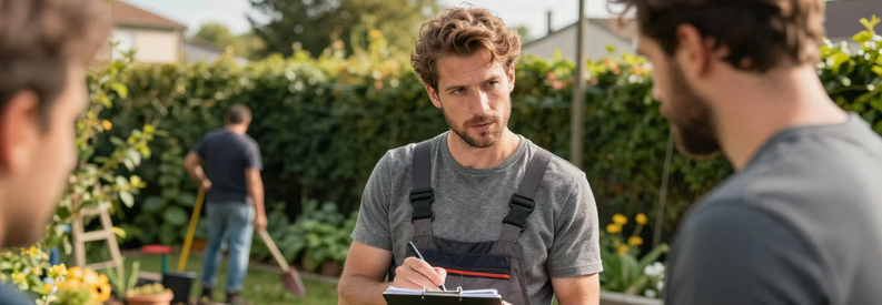 Consultation Jardinier Rhone Client Jardinier professionnel écoutant le client dans son jardin pour établir une estimation de travaux d'entretien