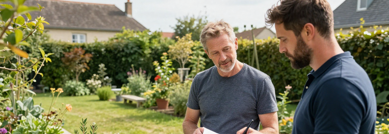 Consultation Jardinier Val De Marne Client Jardinier professionnel présentant estimation travaux à propriétaire dans jardin Val-de-Marne