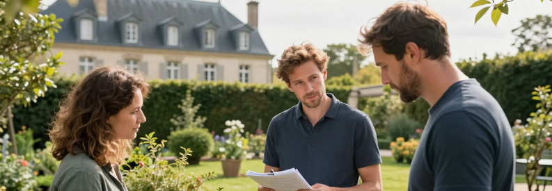 Consultation Jardinier Versailles Client Jardinier présentant estimation travaux entretien à propriétaire dans jardin résidentiel Versailles