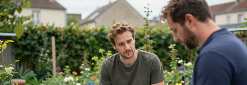 Consultation Jardinier Villeurbanne Client Client décrivant ses travaux de jardinage à un jardinier professionnel qui prend notes lors d'une consultation dans son jardin à Villeurbanne.