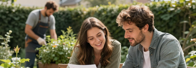 Credit Impot Jardinage Lyon 1er Propriétaires lyonnais découvrant économies crédit d'impôt services jardinage domicile, document fiscal en main, jardin urbain 1er arrondissement.