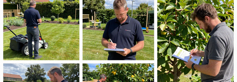 Estimation Tarifs Jardinier Ardeche Trois scènes de consultation : jardinier présentant estimations pour tonte, taille haie et élagage en Ardèche, avec client dans jardin résidentiel.
