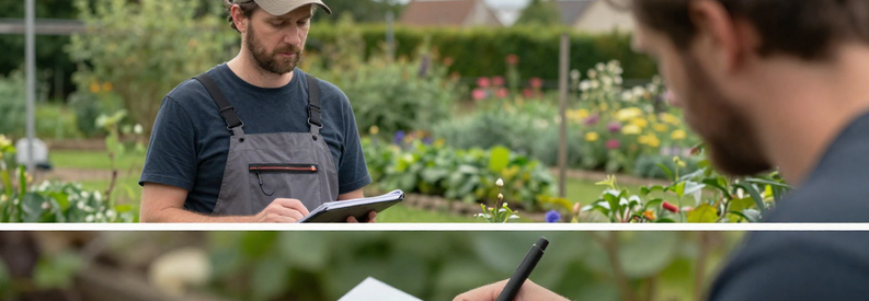 Estimation Tarifs Jardinier Isere Jardinier en Isère présentant estimation tarifaire et prestations à client dans son jardin, consultation professionnelle transparente.