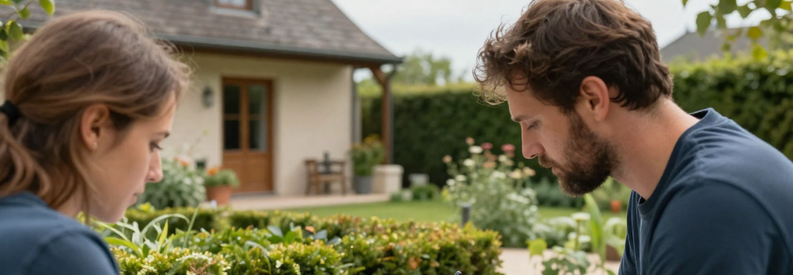 Formulaire Mise Relation Jardinier Lyon Client lyonnais décrivant son projet de jardinage à jardinier professionnel lors d'une consultation terrain, carnet à la main