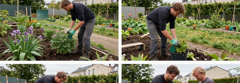 Jardinage Eco Lyon 7 Recuperation Eau Paillage Compost Jardinier installant récupérateur eau pluie, paillage écologique et compostage dans jardin Lyon 7ème, pratiques durables visibles.