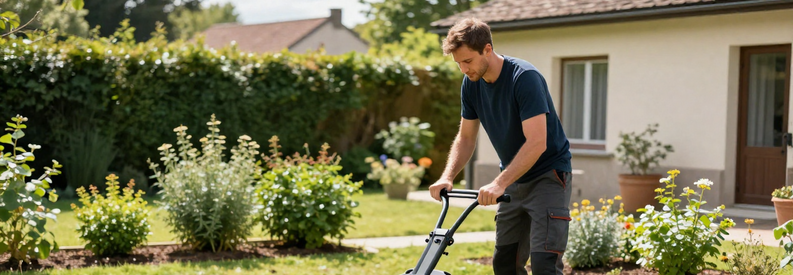 Jardinier Ain Tonte Pelouse Professionnel Jardinier professionnel tondeuse en main, entretenant une pelouse dans un jardin résidentiel de l'Ain