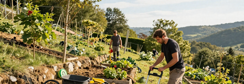 Jardinier Ardèche Equipement Specialise Jardinier professionnel avec équipements adaptés aux terrains accidentés d'Ardèche, prêt pour intervention tonte et élagage.