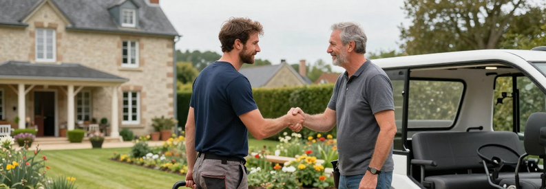 Jardinier Arrive Domicile Seine Et Marne Jardinier professionnel accueilli par propriétaire devant maison pavillonnaire en Seine-et-Marne