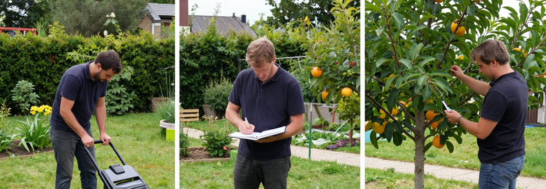 Jardinier Clermont Ferrand Prestations Variees Trois prestations de jardinier à Clermont-Ferrand : tonte pelouse, taille haie, élagage arbre. Professionnels au travail.