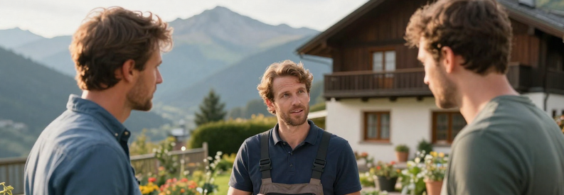 Jardinier professionnel en consultation avec client dans jardin Haute-Savoie, carnet estimation à la main