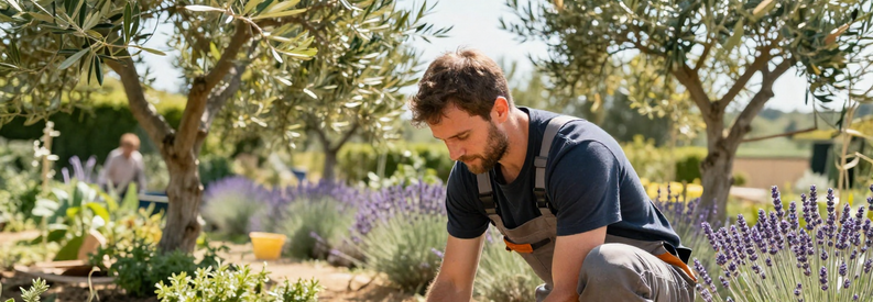 Jardinier Drome Travail Sol Argileux Jardinier professionnel effectuant aération du sol argileux en Drôme, avec végétation méditerranéenne locale en arrière-plan