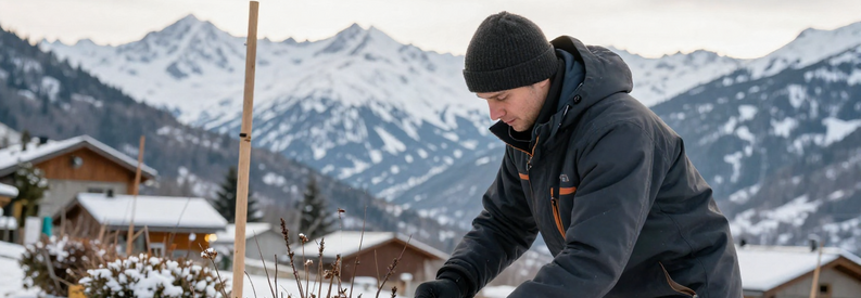Jardinier Haute Savoie Travail Hiver Alpin Jardinier entretenant un jardin alpin en hiver avec neige et montagnes en arrière-plan, illustrant les défis du jardinage en Haute-Savoie.