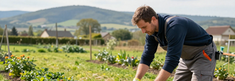 Jardinier Isere Taille Haie Entretien Jardinier professionnel effectuant la taille d'une haie dans un jardin isérois avec vue sur les reliefs montagneux de la région.