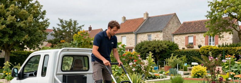 Jardinier Itinerant Essonne 91 Jardinier professionnel chargeant équipement dans camionnette pour intervention en Essonne