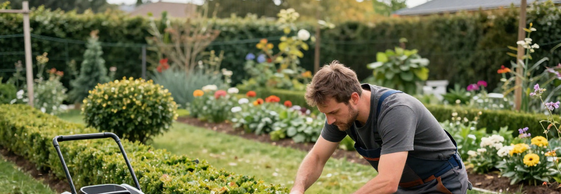 Jardinier Loire Prestations Variees Jardinier au travail taillant une haie, avec indices visuels des différentes prestations : tondeuse, brouette, arbustes, pelouse entretenue.