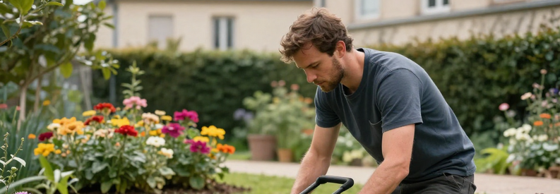 Jardinier Lyon 2eme Tonte Pelouse Jardinier professionnel tondeuse à main dans petit jardin urbain lyonnais, haie taillée et massifs fleurissants visibles