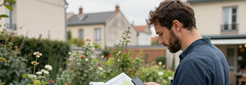 Jardinier Lyon 3eme Quartiers Guillotiere Partdieu Jardinier consultant les zones de couverture du 3ème arrondissement de Lyon (Guillotière, Part-Dieu, Montchat) dans un jardin résidentiel du quartier.