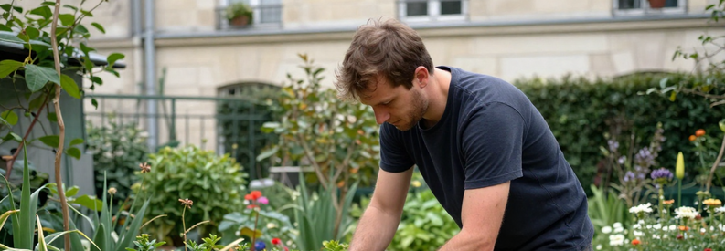Jardinier Lyon 3eme Taille Haie Urbain Jardinier entretenant une haie dans petit jardin urbain Lyon 3ème, immeuble haussmannien en arrière-plan