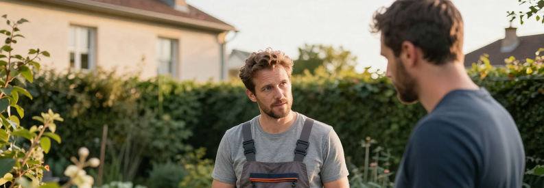 Jardinier Lyon 6eme Consultation Client Jardinier présentant estimation travaux à propriétaire dans jardin Lyon 6ème, moment de consultation authentique