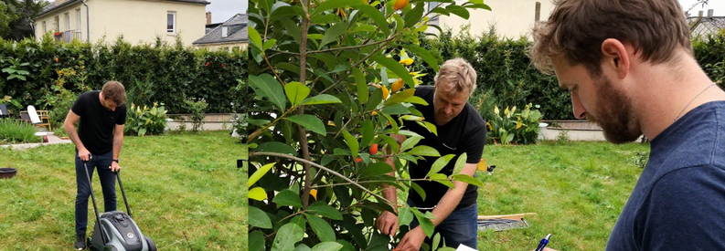 Jardinier Lyon 6eme Prestations Tarifs Jardinier Lyon 6ème effectuant tonte, taille de haie et présentant estimation à client dans jardin résidentiel