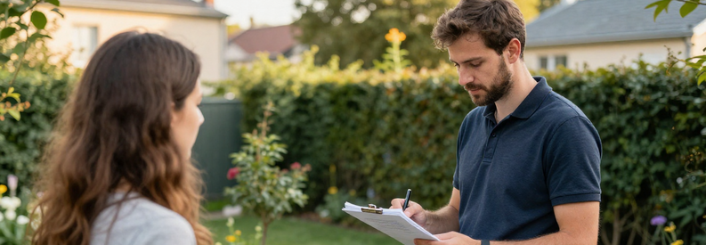 Jardinier Lyon 7 Estimation Tarifs Consultation Jardinier présentant estimation tarifaire à client dans jardin Lyon 7ème, carnet à la main