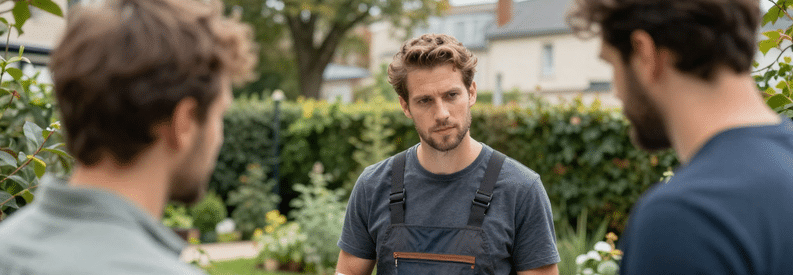 Jardinier Lyon Estimation Consultation Jardinier lyonnais présentant estimation détaillée à client dans son jardin, documents papier à la main