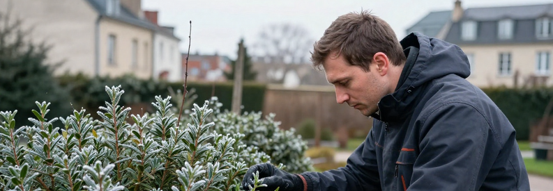 Jardinier Lyon Inspection Haie Hiver Jardinier lyonnais inspectant haie gelée en hiver, expertise locale adaptée au climat semi-continental