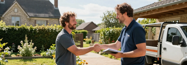 Jardinier Professionnel Accueil Client Val Doise Jardinier professionnel accueillant client devant maison résidentielle Val-d'Oise pour entretien jardin
