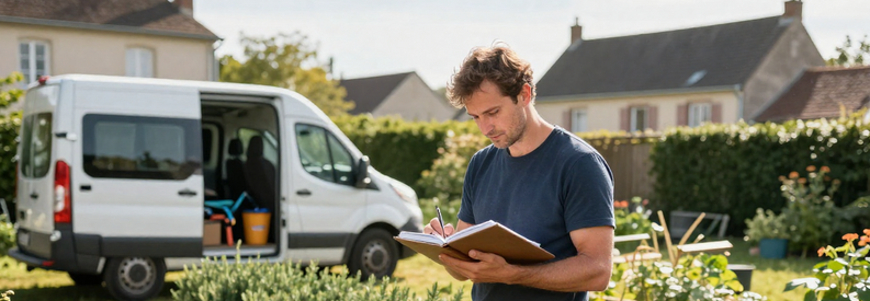 Jardinier Professionnel Disponible Essonne Jardinier professionnel consultant carnet dans jardin pavillonnaire Essonne avec van équipé en arrière-plan