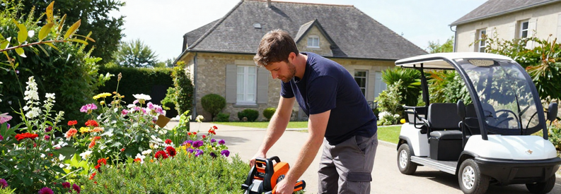 Jardinier Professionnel Entretien Haie Yvelines Jardinier professionnel taillant haie dans jardin résidentiel typique des Yvelines avec outils spécialisés