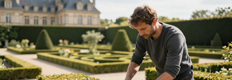 Jardinier Professionnel Travail Jardin Versailles Jardinier taillant haie classique dans jardin résidentiel versaillais avec château visible en fond