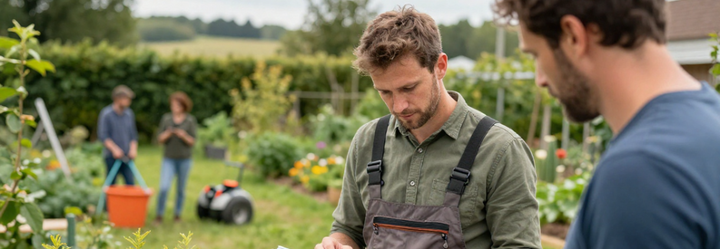 Jardinier Puy Dome Estimation Consultation Client Jardinier du Puy-de-Dôme présentant estimation tarifaire à client dans son jardin, discussion professionnelle authentique