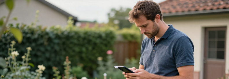 Jardinier professionnel à Saint-Étienne consultant une demande de projet dans son jardin de travail