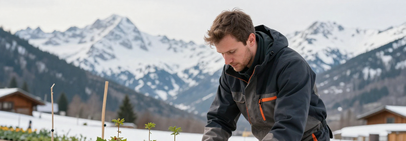Jardinier Savoie Plants Printemps Alpin Jardinier savoyard inspectant plants en pépinière alpine avec neige résiduelle, illustrant expertise du calendrier de plantation en montagne.