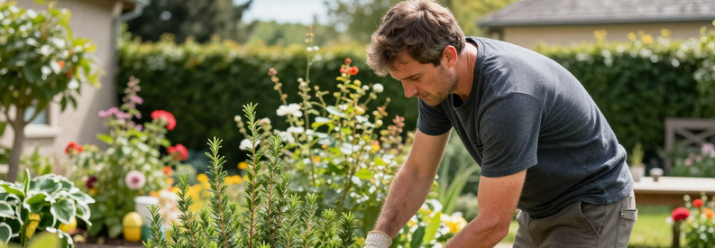 Jardinier Taille Arbustes Val Doise Entretien Jardinier professionnel taillant arbustes dans jardin résidentiel Val-d'Oise avec sécateur et brouette