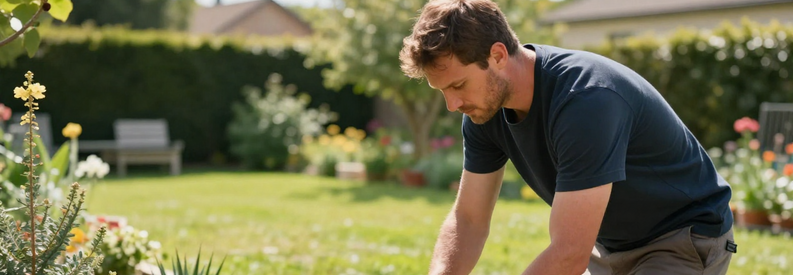 Jardinier Tonte Pelouse Puyde Dome Jardinier professionnel tondeuse tondeuse dans un jardin du Puy-de-Dôme, pelouse entretenue et haies visibles