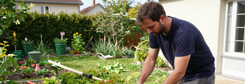 Jardinier Travail Rhone Entretien Jardinier professionnel effectuant la taille de haie dans un jardin résidentiel du Rhône avec outils traditionnels