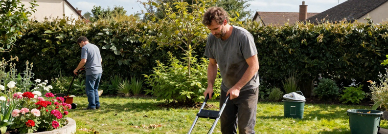 Jardinier Villeurbanne Services Complets Jardinier à Villeurbanne effectuant tonte pelouse avec haie taillée et massif floral en arrière-plan, illustrant diversité des services