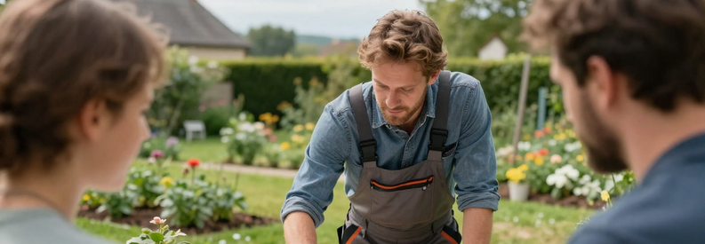 Jardinier Zones Intervention Puy Dome Jardinier présentant les zones d'intervention du Puy-de-Dôme à un client via carte papier en jardin résidentiel
