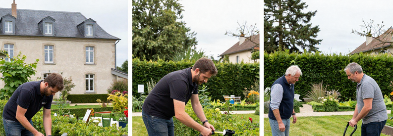 Jardiniers Ain Bourg Oyonnax Gex Expertise Locale Trois professionnels Jardiva couvrant Bourg-en-Bresse, Oyonnax et Gex : taille haie, tonte pelouse, jardins entretenus avec excellence.