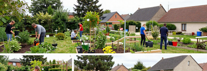 Jardiniers Allier Services Diversifies Trois jardiniers professionnels de l'Allier en action : taille haie, tonte pelouse, désherbage massif - diversité des services jardinage.
