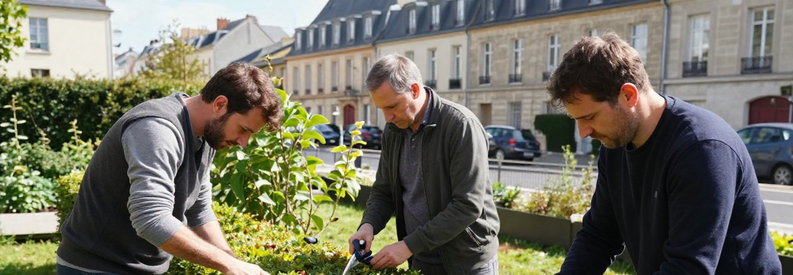 Jardiniers Lyon 1er Specialistes Varies Trois jardiniers professionnels effectuant différentes tâches (taille, tonte, désherbage) dans des jardins urbains du 1er arrondissement de Lyon
